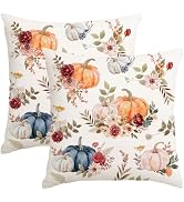 RABUSOFA Fall Pillow Covers 18x18 Inch Set of 2 Orange Pink Dark Blue Pumpkin Rust Floral Thanksg...