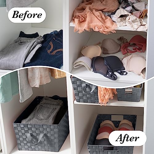 Image of Simplify Medium Woven Strap Tote | Decorative Storage Basket | 2 Handles | Organization | Closet | Bedroom | Bathroom | Nursery | Accessories | Toys | Gifts | 1 Pack | Grey