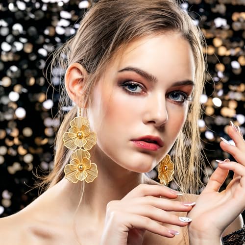 ILGANT Gold Flower Earrings Set for Women Chunky Gold Statement Earrings Big Plated Dangle Flower Jewelry for Women by ILGANT - Image 2