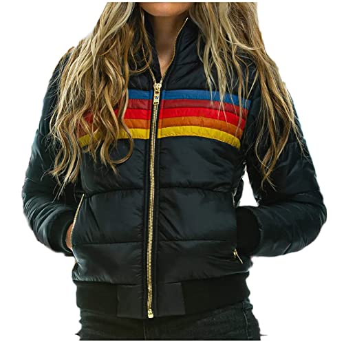 Women Winter Warm Thicken Jacket Coat,Long Sleeve Color Block Rainbow Printing Pockets Zippers Stitching Down Coats