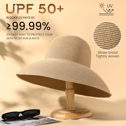 Image of Beach Sun Hats for Women - Wide Brim Straw Womens Summer Hat with Wind Lanyard Roll Up, Foldable Beach Hat UV Protection