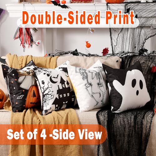 Halloween Decorations Set of 4 Double-Sided Print Ghost Pillow Covers 20" x 20", with 8 Cute Different Looks with Halloween Decor, Soft Linen Throw Pillow Covers for Outdoor & Indoor Use