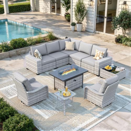 10 Piece Outdoor Wicker Patio Furniture Set with Swivel Chairs & Fire Pit