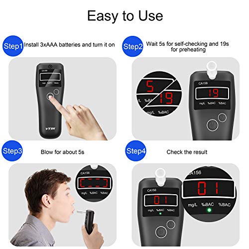 VTIN BAC Breathalyzer to Test Alcohol with Respiration Interruption Monitoring, Portable Breath Alcohol Tester with Ergonomic Design & 10pcs Mouthpieces for Personal & Professional Use
