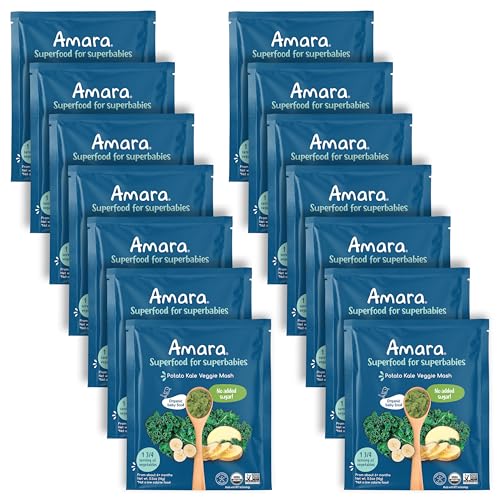 Image of Amara Organic Baby Food - Stage 2 - Kale Potato - Baby Cereal to Mix With Breastmilk, Water or Baby Formula - Shelf Stable Baby Food Pouches Made from Organic Fruit and Veggies - 14 Pouches, 3.5oz Per Serving