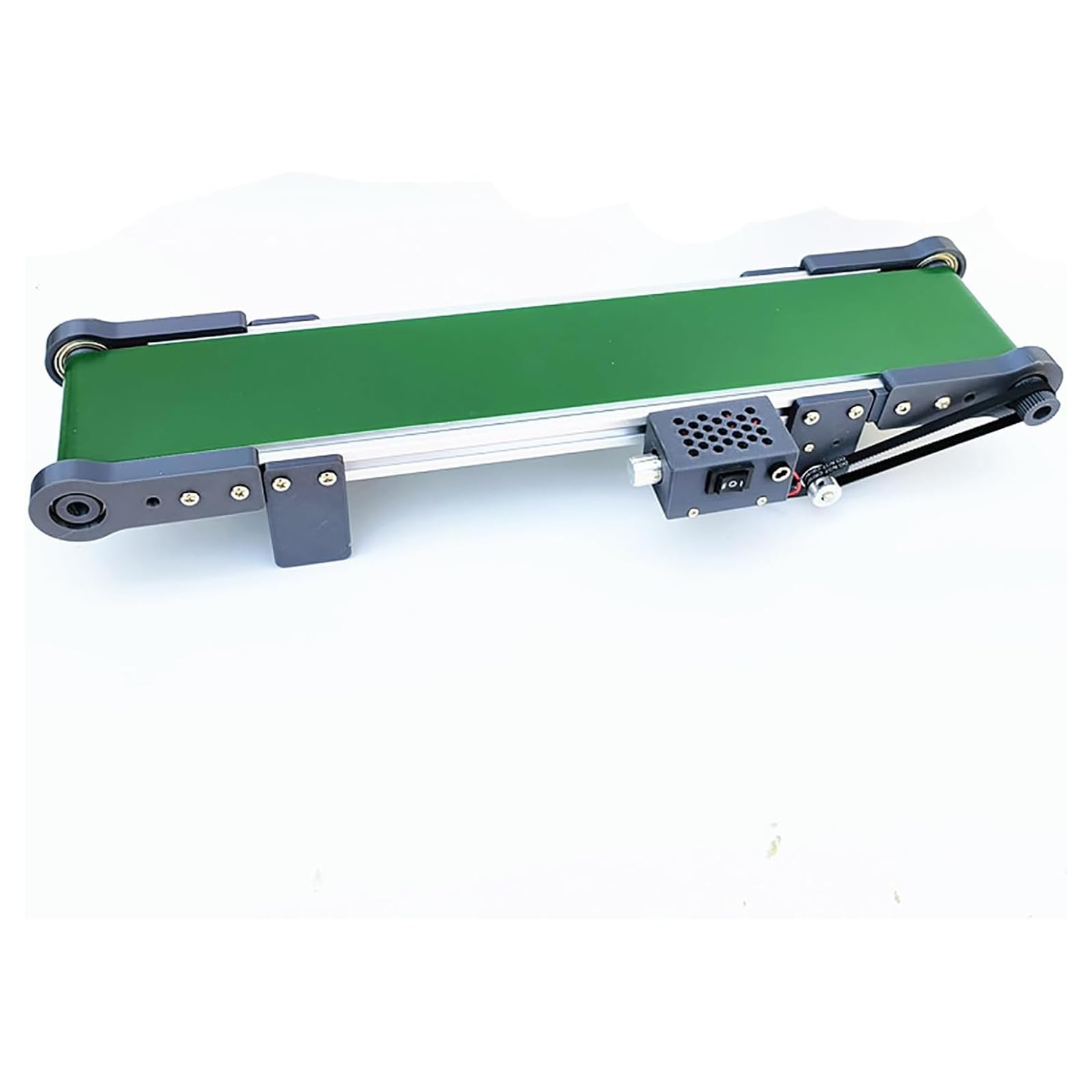 Cinta transportadora mini línea de producción de acero inoxidable de 10 x 100 cm, pista de escritorio con funciones de avance, marcha atrás, pausa y velocidad de rotación ajustable