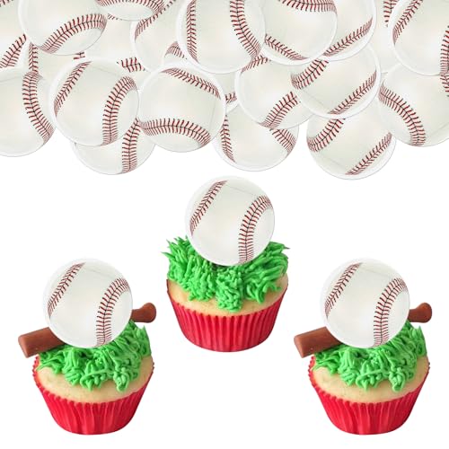 48 PCS Edible Baseball Cupcake Toppers Wafer Paper Sports Balls Cupcake Picks Edible Baseball Cupcake Decorations for Sports baseball Theme Baby Shower Kids Birthday Party Cake Decoration Supplies