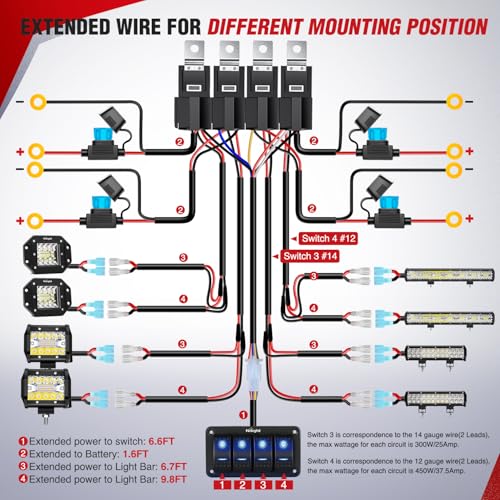 Image of Nilight 16AWG 14AWG 12AWG LED Light Bar Wiring Harness Kit - 8 Leads | 12V On /Off 4 Gang Rocker Switch Panel Power Relay Blade Fuse 5Pin Toggle Switches for Cars Boat ATV Trucks