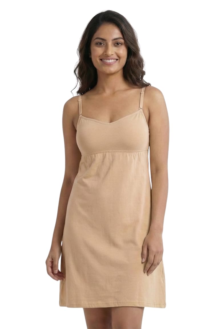 Women Cotton Sleeveless Nighty Inner Slip with Adjustable Straps, Built-in Bra Cups & Side Slit | Knee-Length Midi Bra-Cum-Slip for Loungewear & Innerwear-image-38