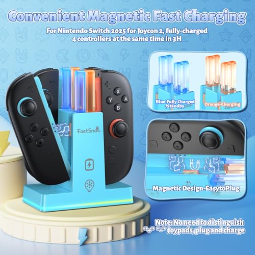 Image of FASTSNAIL Switch 2 Controller Charger Dock for Nintendo Switch 2 for JoyCon | 4-in-1 Fast Switch 2 Joypad Charging Dock Station, 9 RGB Light, Dual-Direction Magnetic Stand for Joycon 2 Accessories, Blue