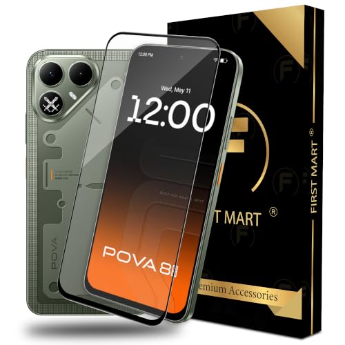 Image of FIRST MART Tempered Glass for Tecno Pova 8, 9H Full-Glue Screen Protector, 3D Edge-to-Edge, HD Clear, Oleophobic, Case-Friendly, Black, Pack of 1