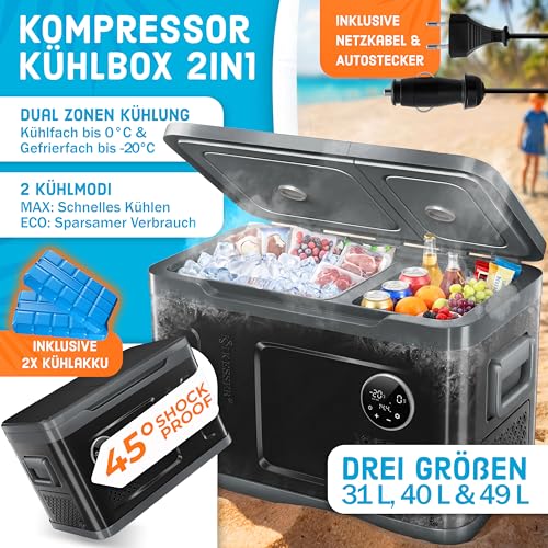 Foto von KESSER® Kompressor Kühlbox 2in1 Doppelzone Kühl & Gefrierfach 31 Liter elektrische Gefrierbox mit 2x Kühlakkus & LED-Touch-Bedienung | Kühlschrank Kühlung bis -20 °C für Camping, Auto, Lkw 12/24V 230V