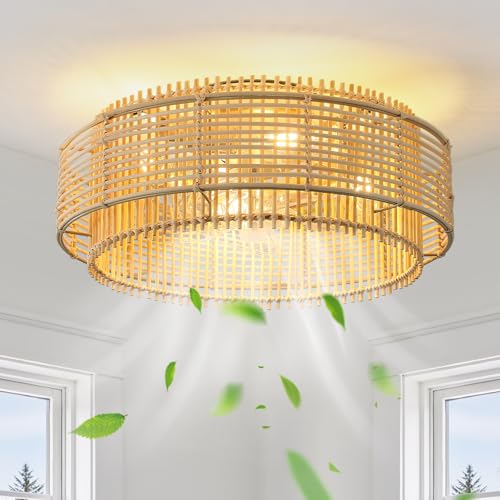 Rattan Boho Ceiling Fans Lights: 19.3'' Caged Low Profile Ceiling Fans with Light and Remote Control, Flush Mount Modern Fandelier with Reversible 6 Speeds for Bedroom, Nursery, Living Room, E26 Base