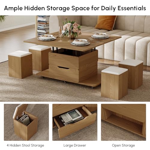 homary Natural Lift Top Coffee Table with Hidden Storage, 3 in 1 Multi-Function Modern Folding Center Table with 4 Stools and Casters