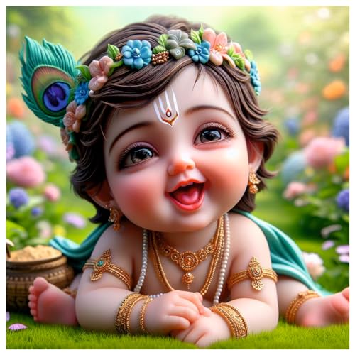Image of Akki Wold Baby Krishna With Flower Hairband Wall Poster Living Room, Office, Pooja Room (Size - 41CM X 41CM)