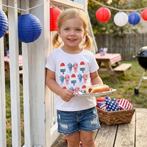 Image of Kids Toddler Girls 4th of July T-Shirt Short Sleeve Patriotic Coquette Bow American Flag Independence Day Top