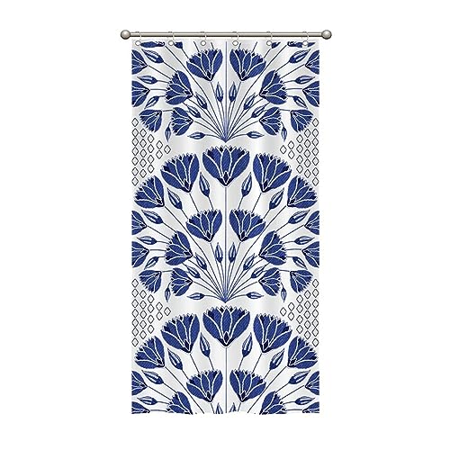 MangGou Navy Blue Geometric Flower Shower Curtain Lily Leaf Ginkgo Biloba Flower Waterproof Bathtub Curtain Farmhouse Polyester Shower Curtain Bath Curtain with Hooks for Bathroom 36x72in