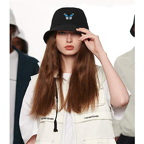 Malaxlx Cute Butterfly Embroidered Black Bucket Hat Beach Sun Hat Aesthetic Fishing Hat For Women Men Teens thumb #1