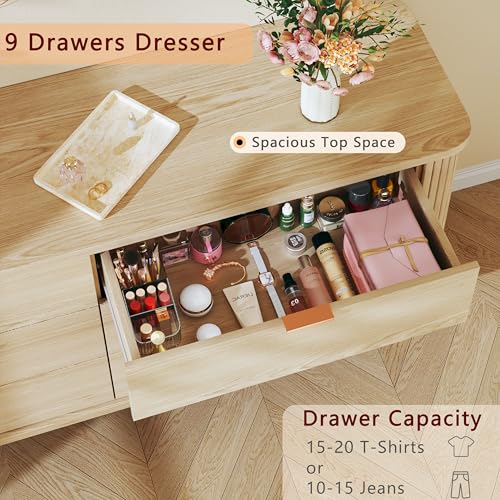 Image of HUAHUU Fluted 9 Drawers Dresser, 60 inch Mid Century Modern & Chests of Drawers, Curved Profile Design, Dresser TV Stand, for Entryway, Hallway, Bedroom, Oak