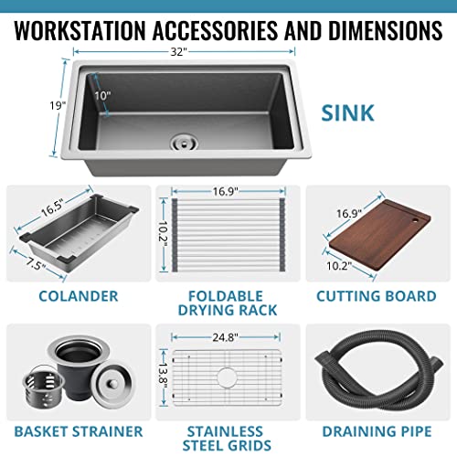 Undermount Kitchen Sink 32 Inch - 304 Sus Stainless Steel Sink 16 Gauge Single Bowl Sink Drop In Workstation With Drying Rack Cutting Board Basket Strainer Farmhouse Sink (32 Inch) #TOP6