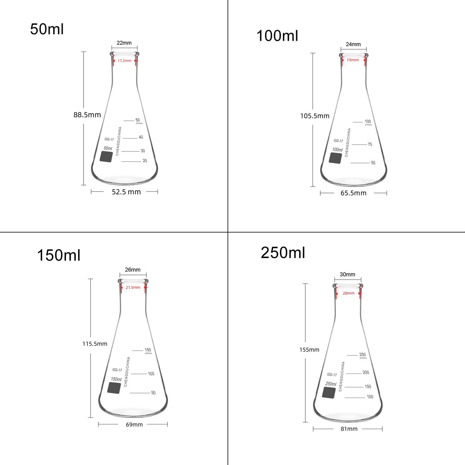 Zestaw kolb Erlenmeyera ze szkła borokrzemianowego z wąską szyjką, 4 rozmiary do eksperymentów w laboratorium naukowym - 1 opakowanie(50ml 100ml 150ml 250ml flask)