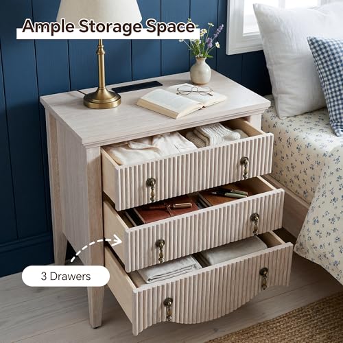 Image of FUSUNBAO Set of 2 Nightstands with Charging Station&3 Fluted Drawers,Oak | Vintage Bedside Table, 3 Fluted Drawers and Open Shelf, Rustic End Table, Power Outlet and USB Ports, For Bedroom