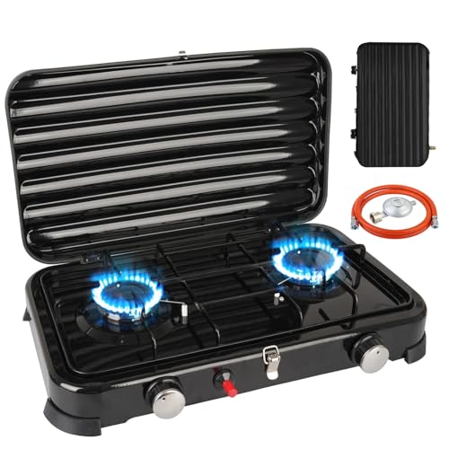 Fornello da campeggio a 2 fuochi con coperchio, 4,4 KW, fornello a gas GPL da campeggio con pulsante di accensione auto, tubo e regolatore di pressione del gas da 50 mbar, piano cottura a gas