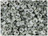 SIZE: 7x7mm heart with a 1mm hole STYLE: Luminous in a glow in the dark finish with Black letters MATERIAL: Plastic - Made in China QUANTITY: Approx. 250 beads per pack Note: Random mix of letters in each pack.