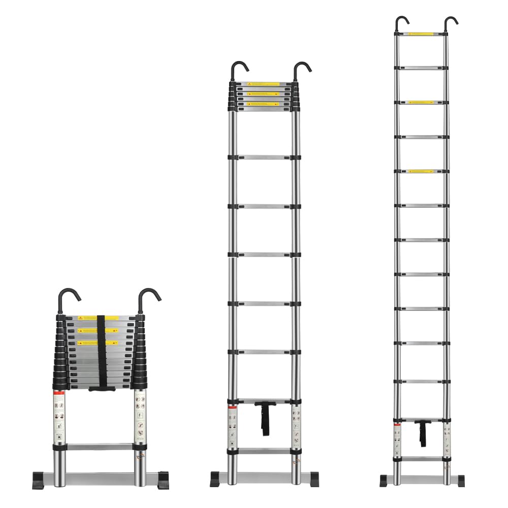 Multibao Telescopic Ladder 3.8M 12.5FT Aluminium Extension Loft Ladder with Stabilizer Bar and Detachable Hooks, Multi Purpose Extendable Portable Folding Ladders, EN131 (3.8M/12.5FT)