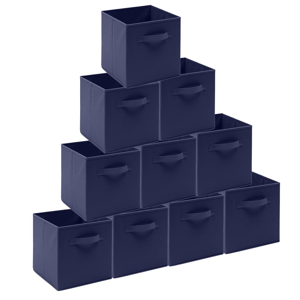 BonChoice Foldable Storage Cubes Boxes Pack of 10 with Handle for Home Organization, Fabric Wardrobe Storage Box Organizer Basket Bins for Toys, Collapsible&Durable (10, Dark Blue, 26.5x26.5x28cm)