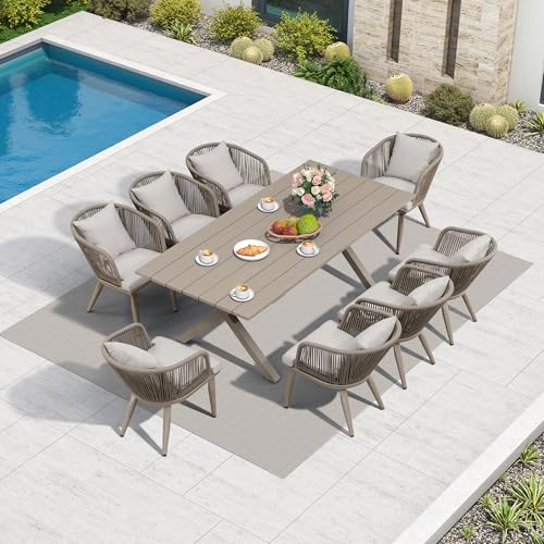Image of PURPLE LEAF 9 Pieces Patio Dining Set Wicker Outdoor Furniture Rectangular Table and Chairs Set for Garden Deck Aluminum Frame Backyard Kitchen Set, Cushions and Pillows Included Champagne