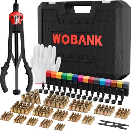 Rivet Nut Tool, 16" Heavy Duty Rivnut Tool Kit with 15PCS Metric/SAE Mandrels, 290PCS Rivet Nuts, Wrench, Gloves and Carrying Case, Auto Release Nut D