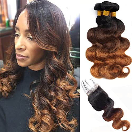 Ombre Bundles with Closure Body Wave 1B/4/30 3bundles Brazilian Virgin Human Hair Three-tone 1B/4/30# bundles with Closure(12 14 16 +10)