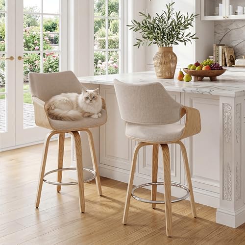 Image of 26'' Modern Barrel Swivel Counter Stools Counter Height Swivel Bar Stools with Backs Set of 2, Beige Chenille Upholstered Bar Height stools, Farmhouse Solid Wood Barstools for Kitchen Island, Home Bar