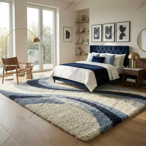 Image of Tauhid Carpet Super Soft Microfiber Shaggy Area Rug Modern Abstract Blue & Cream Plush Carpet | Fluffy Floor Rug for Living Room, Bedroom 6x9 Feet.