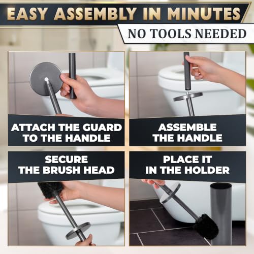 Image of Graphite Metallic Stainless Steel Toilet Brush and Holder Set | Toilet Bowl Brush and Holder with Splash Cover, Sturdy Bristles, Corrosion & Scratch Resistant, Elegant Design