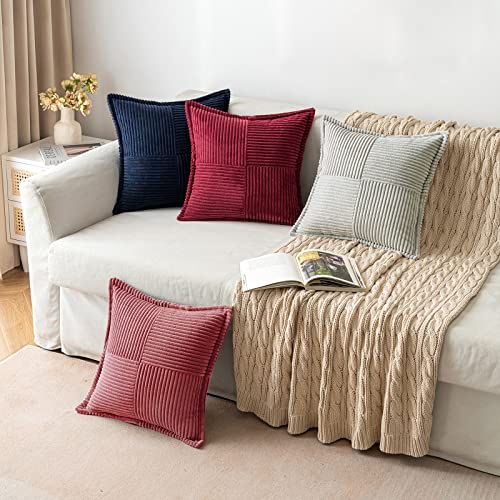 Image of MIULEE Decorative Throw Pillow Covers for Couch Bed Livingroom 20x20 Inch Set of 2 Cranberry Red Boho Accent Throw Pllows Broadside Striped Patchwork Soft Corduroy Pillowcases