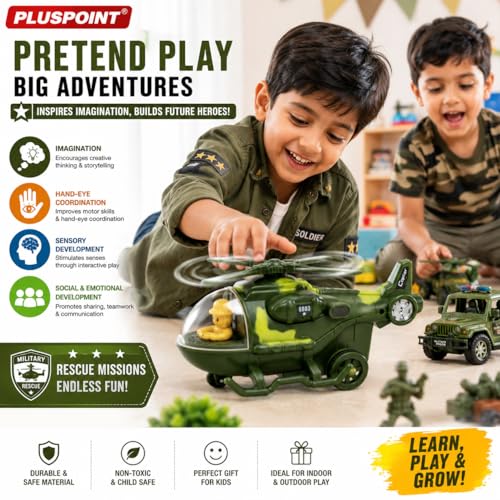 Image of PLUSPOINT Military Police Helicopter Toy for Kids | Friction Powered Push & Go SWAT Chopper | Pretend Play Police Air Rescue Helicopter Vehicle Toy for Boys, Girls & Toddlers