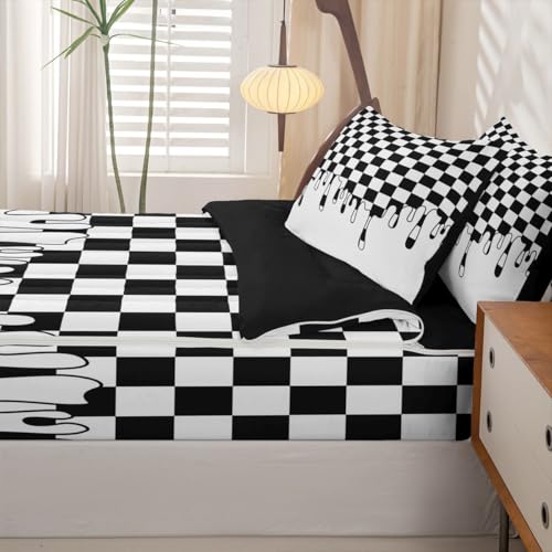 Image of Black White Checkered Cute Zip Up Bedding Full for Girls Boys,Checkerboard Drip Comforter Set with Elastic Fitted Sheet,Soft Indie Aesthetic Funky Geometric Kawaii Bedspread for Teens Bedroom Decor
