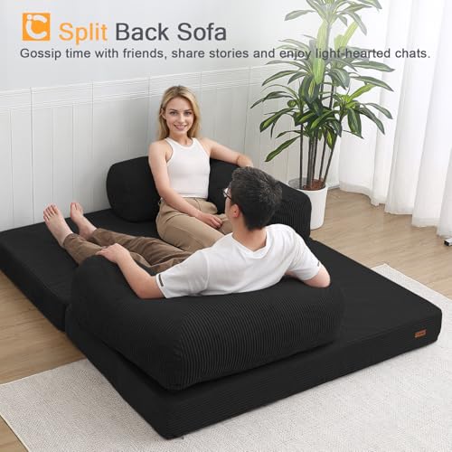COMAX Folding Sofa Bed Queen, 4-in-1 Foldable Floor Couch Convertible Futon Sofa with Armrests Sleeper Mattress Chair Bed Comfy Portable Fold Out Lounge Guest for Living Room Bedroom, Black