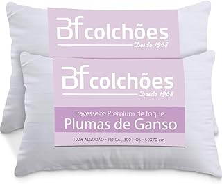 Kit 2 Travesseiros Fibras Toque Pluma de Ganso 100% Algodão Percal 300 Fios Premium Antialérgico 50x70cm - BF Colchõe