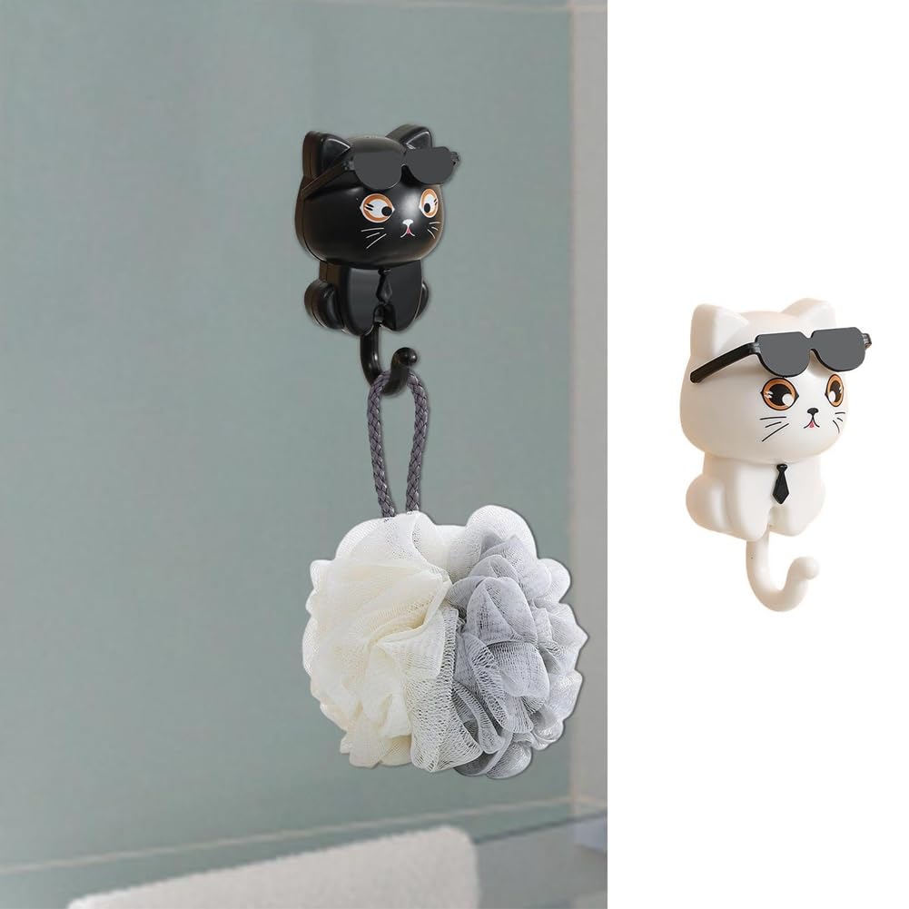 4 Ganci Da Parete Autoadesivi A Forma Di Gatto Con Occhiali Da Sole – Portachiavi Kawaii In ABS Resistente, Per Cappelli, Borse E Asciugamani