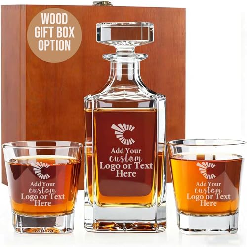 Custom Whiskey Decanter – Engraved with Text & Logo – 25oz Personalized Decanter only or Gift Set with 2 Bourbon Glasses and Wooden Box – Gift for Groomsmen, Retirement or Corporate Clients