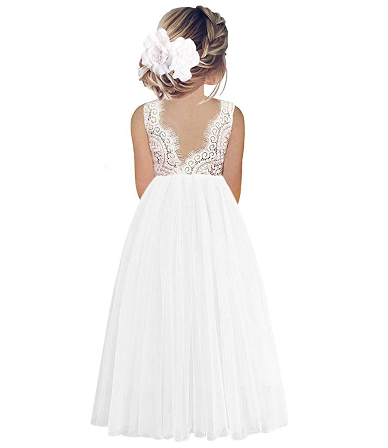 Vestido de fiesta para niñas de encaje con espalda en V, sin mangas, mullido, tul, vestido de fiesta de princesa, vestido de fiesta de flores