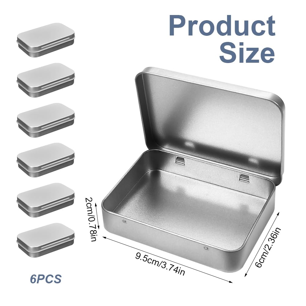 6 sztuk metalowych pojemników na żywność z zawiesami, 9,5 x 6 x 2 cm, prostokątne, małe metalowe puszki, przenośne puste metalowe pudełko, małe metalowe pudełko z pokrywką do przechowywania w domu i