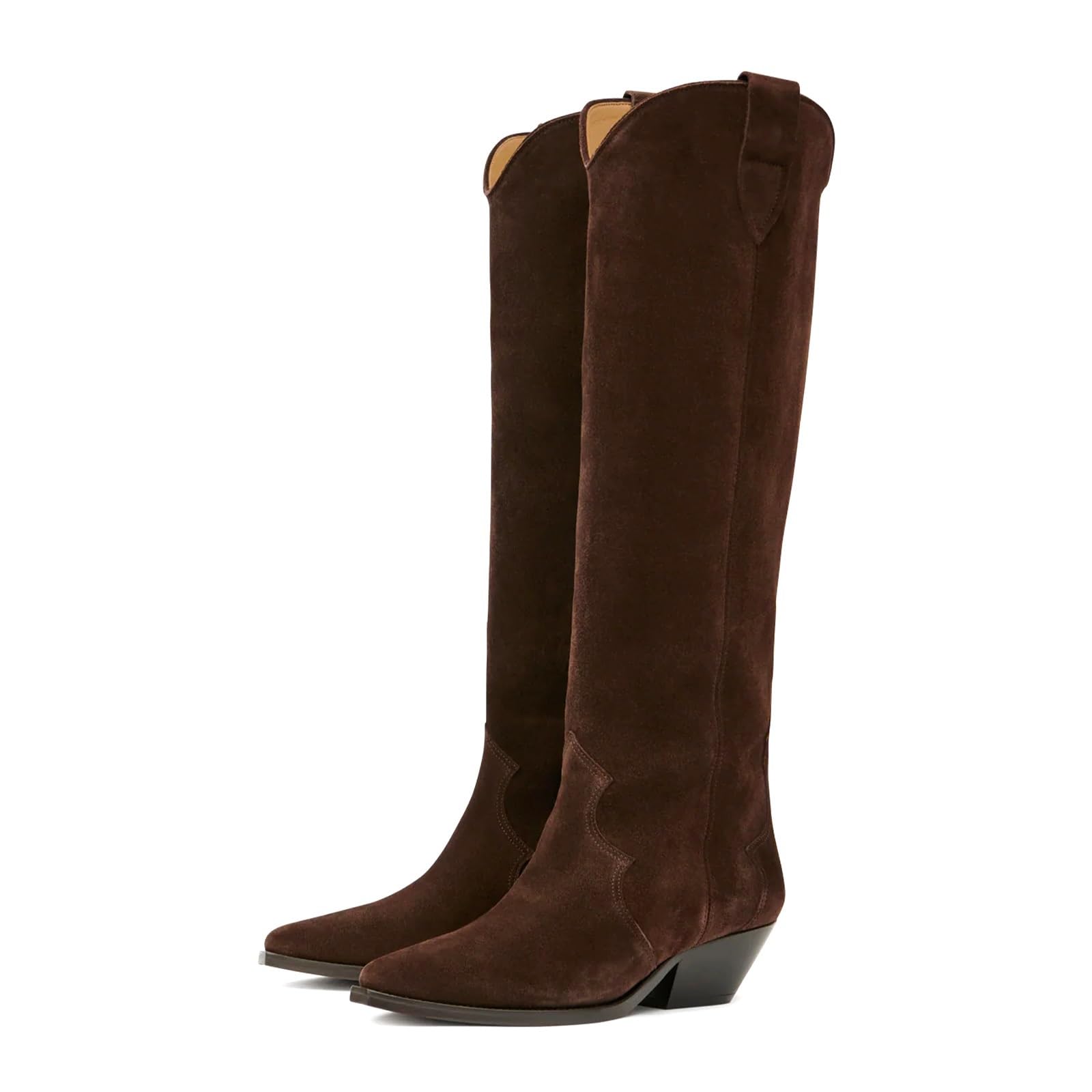 Suede Cowboy Boots for Women Pointed Toe Cowgirl Knee High Boots Chunky Heels Tall Boot Dressy Pull on