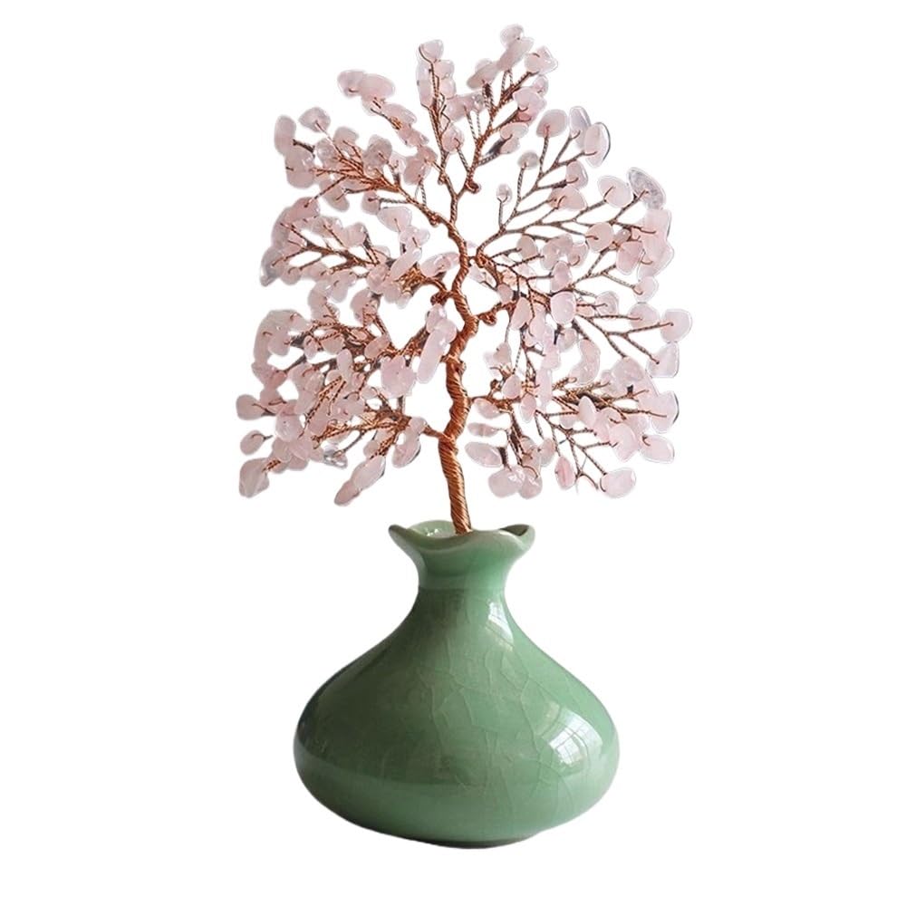 Fortune Crystal Trees Gemstone Money Tree with Ceramic Small Vase, Home Attracting Wealth Ornaments, Office Crystal Fortune(Pink)