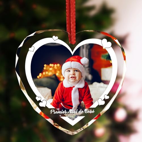 DXDOING Boule de Noël Cœur en Cristal Personnalisée Photo Enfant Ornement Sapin Noël Bébé, Mon Premier Noël, Décoration Souvenir Naissance