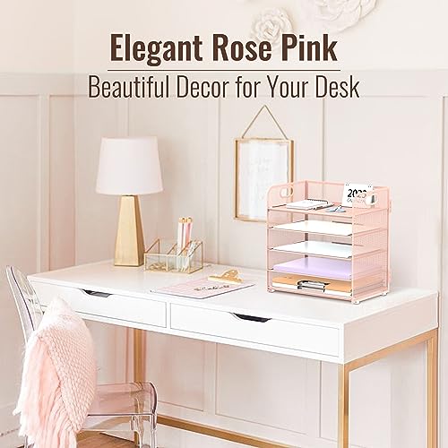 Image of Supeasy 5 Trays Paper Organizer Letter Tray with Handle-Mesh Desk File Holders, Paper Sorter Desk Organizer for Office, Home, Classroom or School, Pink
