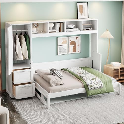 Ball & Cast Queen Size Murphy Bed Wall Chest with Closet and Storage Drawers,Wood Hideaway Platform Bedframe can be Folded,Easy Assembly,for Kids Bedroom,Student Dorms,White